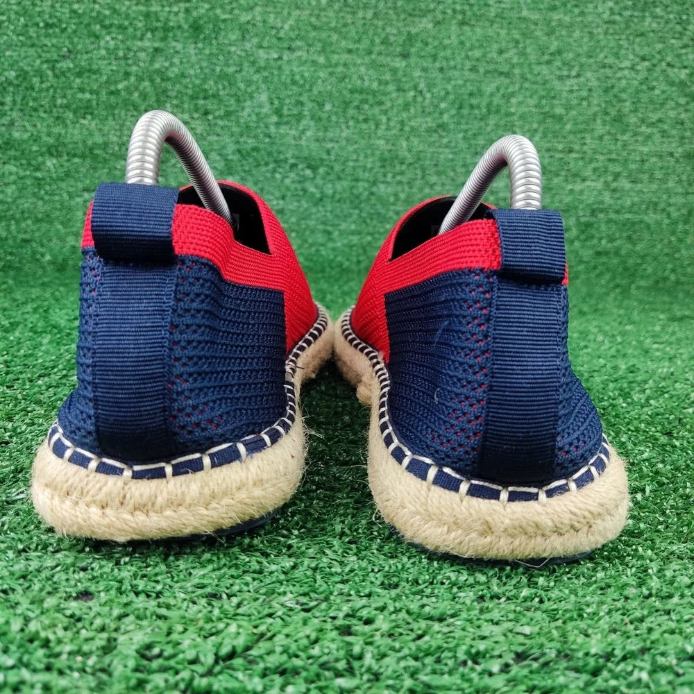 Zara Espadrilles Women Size 40 Red Navy Blue Knit Slip On Colorblock‎ Jute Flats